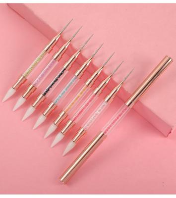 China Professional Nail Art Qianya Sides Holo Faux Stone Metal Handle Double Dotting Pen Brush Nail Art Pen Tool Nail Wax Dotting Tools for sale