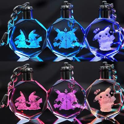 China Europe 2022 birthday gifts crystal pokemon go characters 3d laser Anime LED flashing light crystal key chain custom made for sale