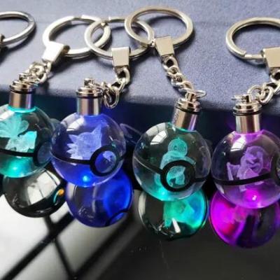 China 2022 Europe Hot Sale LED Creative 3D Pikachu Gengar Pokemon Crystal Ball Keychain Flash Colorful Keychain for sale