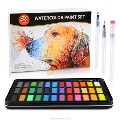 China Amazon Hot Selling Solid 36colors Watercolor Paint Set With 8pcs 300G Watercolor Pad Water Brush Pens 3mL There for sale