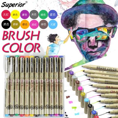 China Water Based Waterproof Nylon 12 Colors Ink Watercolor Brush Pens For Detail Painting for sale