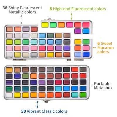 China 90&100Colors watercolor paint set include 50 regular colors 36 metallic colors and 4 neon colors with a water brush 20.3cm*8.3cm*3.5cm for sale