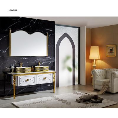 China Eco-friendly Gold Bath Double Sink Vanity Waterproof Whater Proof Bathroom Cabinet With Led Vanity Mirror for sale