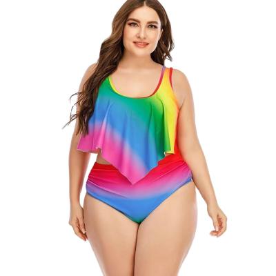 China High Waist Rainbow Print Split Big Size Gradient Ruffle Designer Inspired Womens Swimwear Bikini Swimsuit Set Wholesale for sale