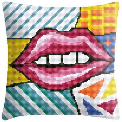 China Europe Hot Sale DIY Needlepoint Kits Love Lip Tile 42*42cm 6CT Printed Needlepoint Canvas Cross Stitch Half Cushion Cover for sale