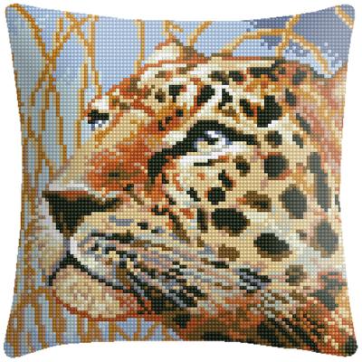 China Hot Sale Europe 42*42cm 6CT DIY Needlepoint Kits Leopard Face Cushions Printed Needlepoint Canvas Cross Stitch Half Pillow Case for sale