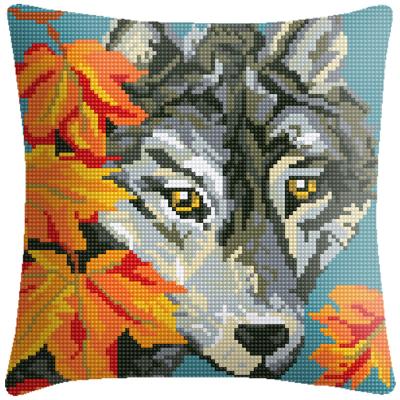 China Europe Hot Sale DIY Needlepoint Kits Wolf Throw Pillow 42*42cm 6CT Printed Tapestry Canvas Half Cross Stitch Pillow Case for sale