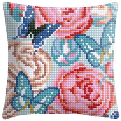 China High Quality Europe Cushion Pink Flowers Cross Embroidery Needlework Kit Handmade 6CT Cotton Fabric Pillow Stitch DIY for sale