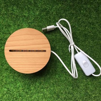 China Modern Hot Selling Wood Led Light Bases For 3D Acrylic Led Night Light Round Wood Base With Usb Cable, Single Warm Light for sale