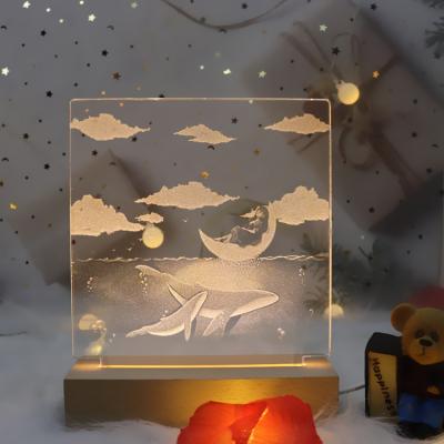 China Warehouse square shape wood base 3d leaf acrylic lamp led kids night lights for gift for sale