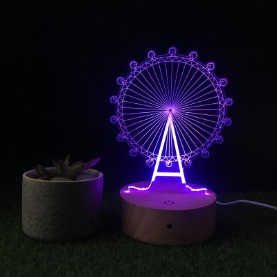 China Eco-friendly 3D Creatives Acrylic Board Wooden Base 3d Ferris Wheel Shape Acrylic Night Light For Couples for sale