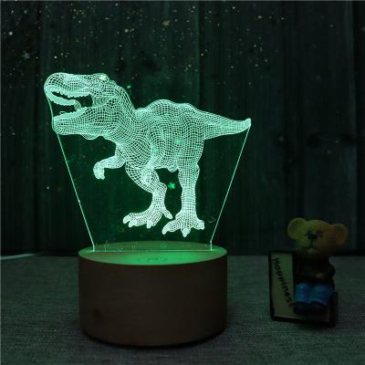 China Wooden Warehouse Dinosaur Speaker Music Box 3D Optical Illusion Led Acrylic 7 Color Touch Switch Office Night Light for sale