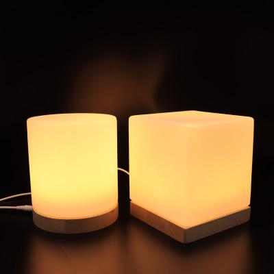 China Home Decoration Night Light Round Light Wood Base Frosted Glass Cover Night Light USB Button Warm White Small Table Lamp for sale