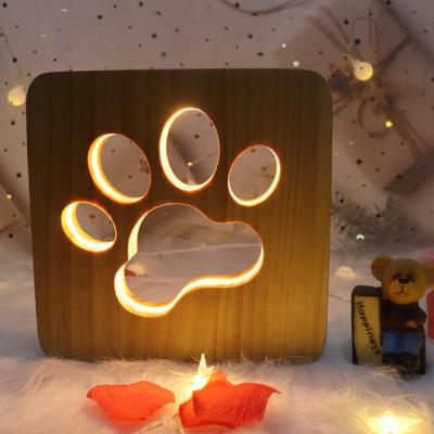 China Residential Warm Wooden Home Decor Paw Print 3d Lamp Natural Wood Night Lamp For Adults for sale