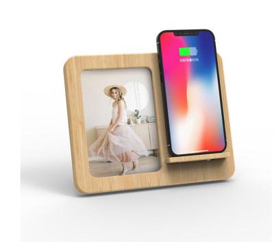 China Phone Fast Charging 2 IN 1 Photo Frame Desktop Bamboo Wooden Wireless Charger for sale