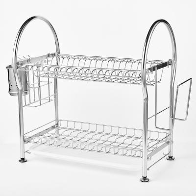 China Sustainable Kitchen Organizer 2 Tier Countertop Dish Rack 304 Stainless Steel Dish Drying Rack With Tray for sale