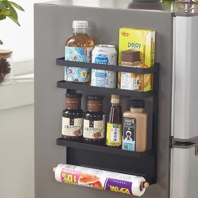 China Viable Magnetic 2 Tier Fridge Spice Rack Organizer with Paper Towel Holder Side Fridge Holder for sale