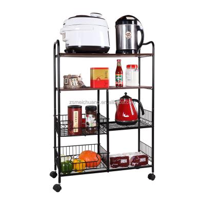 China Modern Portable 4 Tier Wire Shelf Kitchen Storage Rolling Top Wooden Cart for sale