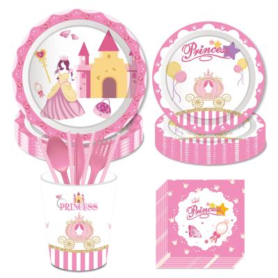 China MM055 Cartoon Princess Theme Tableware Set Eco-Friendly Disposable Paper Girls Crown Birthday Party Supplies Plates Cups Napkins for sale