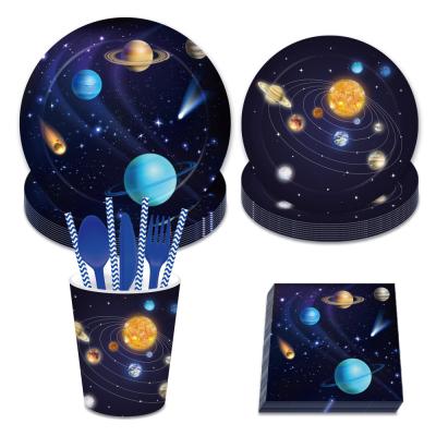 China MM032 Promotion Space Theme Party Tableware Set Disposable Solar System Paper Tableware Cups Napkins Set for sale