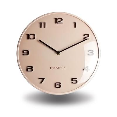 China Art Decor 12 Inch Modern Fashion Plastic Quartz Wall Clock With 3D Numbers Covered Arched Glass For Home Decor for sale