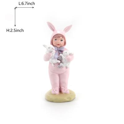 China Art Decor 4.3inch Pink Rabbit Little Girl Resin Sculpture Office Decoration Outdoor Patio Garden Decoration for sale