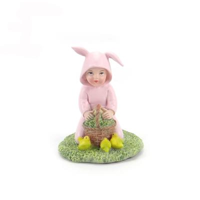 China Art Decor 3.5inch Pink Rabbit Little Girl Resin Sculpture Office Decoration Outdoor Patio Garden Decoration for sale