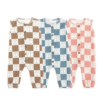 China Substantial Washable Breathable Custom Label Newborn Baby Clothes Soft Classic Design Elastic Horn Sleeveless Faux Horn Plaid Waffle Baby Romper for sale