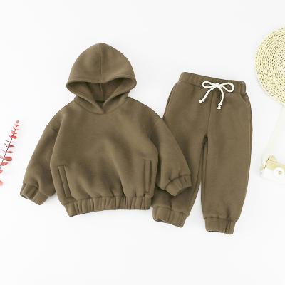 China French Terry Fleece Winter Kids Solid Color Baby Kids Warm Longewear Washable Hoodie Set Clothing Two Pieces Girls Hoodies Sets for sale