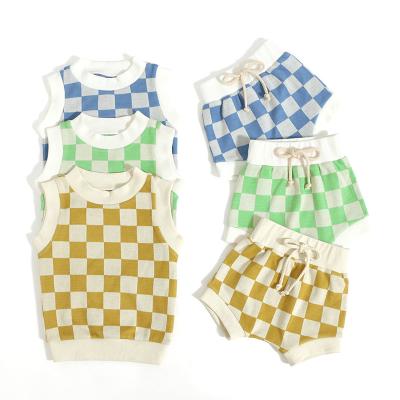 China Custom Logo Checkered Print Baby Summer Washable Set Wholesale Girls Kids Clothes Sleeveless Plaid Clothing Set for sale