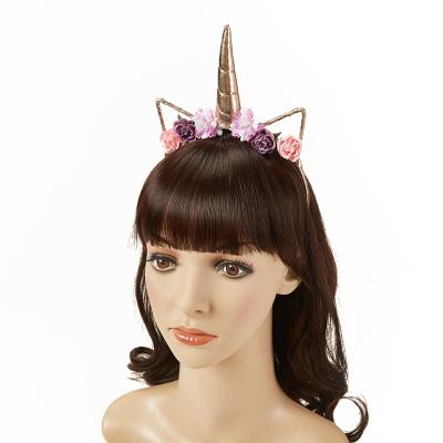 China Birthday Gift Halloween Flower Hair Accessories Cat Ears Horn Unicorn Sweet Gold Headband For Girl Women Party for sale