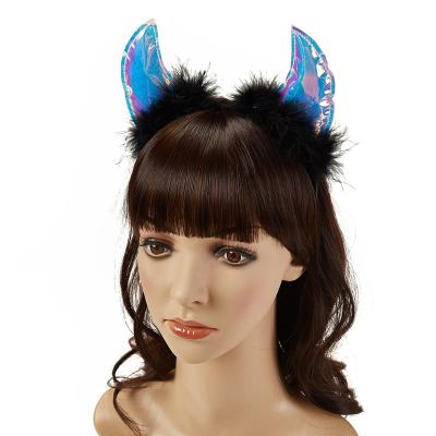 China New Fashion Design Halloween Laser Blue Devil Horn Headband Black Feather Hair Party Hair Accessories for sale