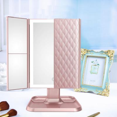 China Lighted Makeup Mirror 3 Sided USB CE,FCC,ROHS,CA65 Magnifying Makeup Mirror With Touch Screen Led Light Portable Led Makeup Mirror for sale