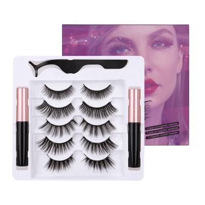 China Natural 5 Pairs 3d Eyelashes Packing Magnetic Faux Mink Eyelashes Liquid Waterproof Eyeliner Kit Lasheswholesale Vendor Synthetic Fiber for sale