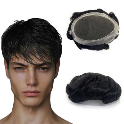 China Good Quality 100% Indian Virgin Hair Straight Replacement Natural Black Color Wave Hair Pieces Lace Up Full Silk Low Hairpiece For Man for sale