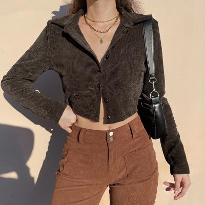 China Vintage Women Casual Breathable Solid Turndown Shirt Collar Button Down Ladies Autumn Winter Crop Tops Cardigan for sale