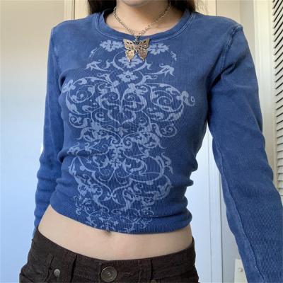 China Fashion Retro Totem Women Anti-wrinkle Print T-shirt Long Sleeve Casual Crop Crewneck Fashion Streetwear Top Pullover for sale