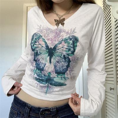 China QUICK DRY Casual Butterfly Print Women T-shirt Long Sleeve Crewneck Tee Tops All-match Streetwear Blouse for sale