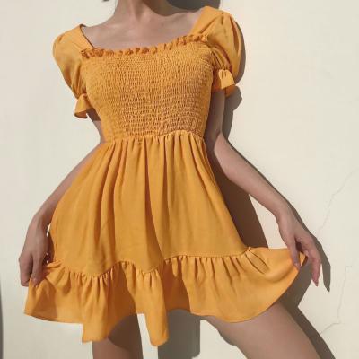 China Solid Color Dry Cleaning Women Square Collar Bubble Sleeve Dress Ruffle Edge Mini Dress for sale