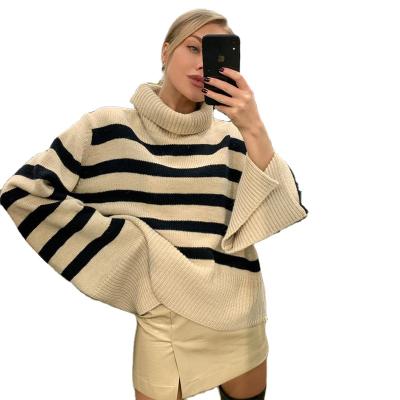 China Women's Anti-Pilling Turtle Neck Sweater Oversized Striped Rocket Sleeve Slits Loose Casual Pullover Tops for sale