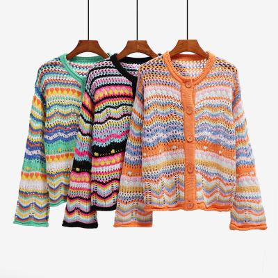 China Anti-pilling Women's Cardigan Color Rainbow Striped Cardigans Sheath Long Front Casual Knit Sweaters Open Coat Outwear for sale