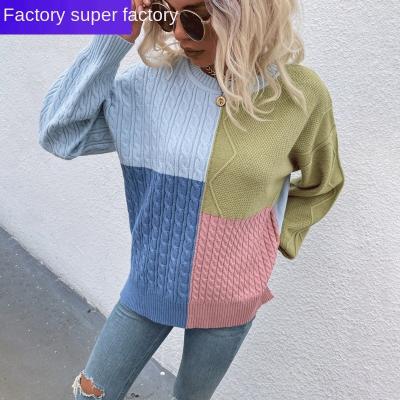 China European and American QUICK DRY block stitching contrast color sweater women2021Autumn and winter Amazon twist lantern sleeve sweater new for sale