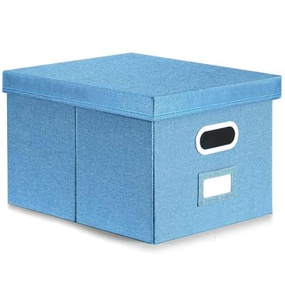 China Large Capacity Viable Foldable Canvas Documents Storage Box With Cover, One Side Label Bags And Strong Solid Metal 2 Oval Handle for sale