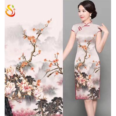 China 2019 new polyester fabric flower polyester satin cheongsam fabric temperament printing fabric new for garment for sale