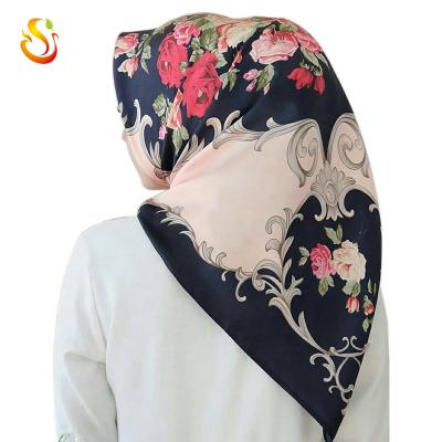 China High Quality Malaysian Warm Soft Japanese and Korean Ladies Elegant High Quality Large Squares Printing Satin Headscarf Muslim Hijab for sale