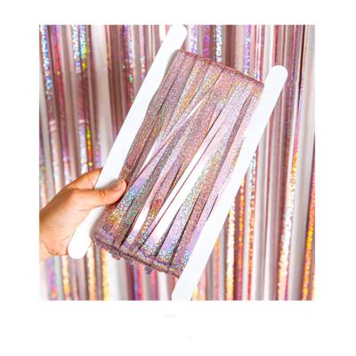 China New Arrival 2M Laser Color Shimmering Party Suppies Backdrop Aluminum Metallic Tinsel Party Fringe Curtain Wall Decoration for sale