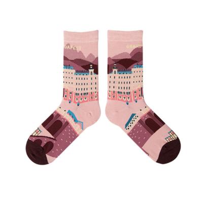 China High quality Statistical Institute of Budapest cotton hotel series cartoon cute large illustration personality women's socks high quality men's tube socks 200 points for sale