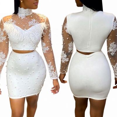 China Breathable 2020 Ladies Beaded Crop Top Dress Trimmed With Two Piece Set Laces Women Clothing for sale