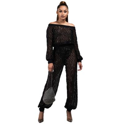 China Fashion Anti-static Sequined Perspective Long Pants Women Clubwear Top Clothing Off The Shoulder Two Piece Pants Set Clothing for sale