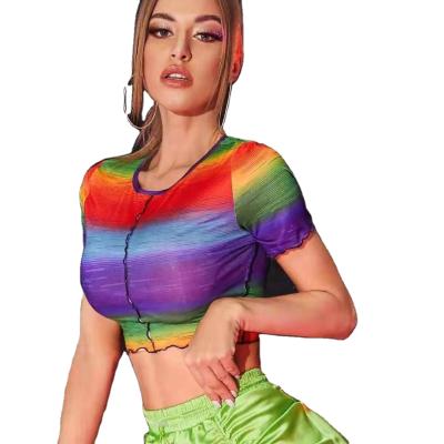 China Women Gym Sport Polyester QUICK DRY Tank Top Full Length Stripe Top Candy Colors T Shirt For Ladies for sale